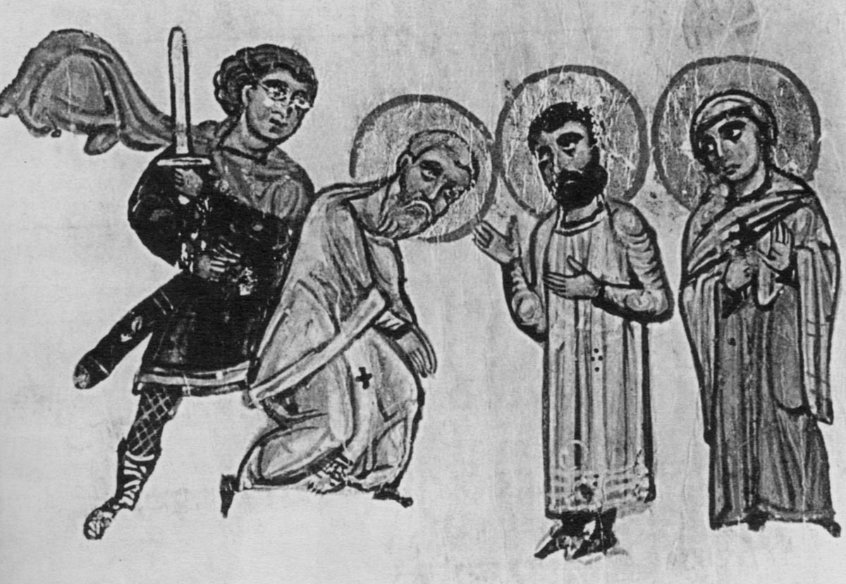 Мучение свв. Карпа, Папилы и Агафоники. Миниатюра Минология на октябрь. Византия. Около середины XI века. ГИМ (Син. Гр. 175. Л. 79).